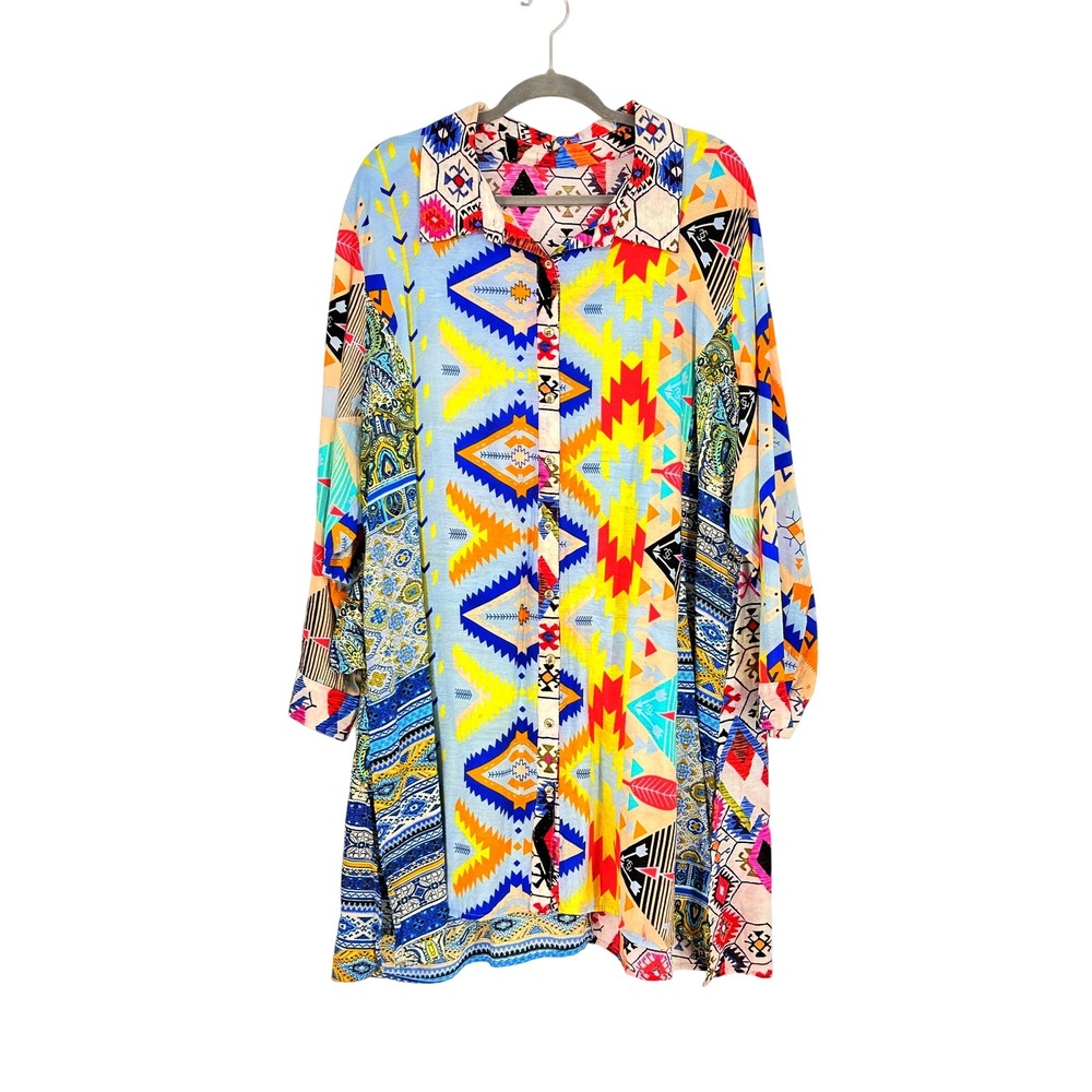 Calessa Southwestern Patchwork Print Button Down Tunic Shirt Size 2X Boho Eclect